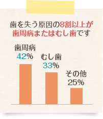 歯を失う原因の8割以上が歯周病またはむし歯です