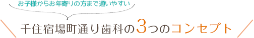 お子様からお年寄りの方まで通いやすい、千住宿場町通り歯科の3つのコンセプト